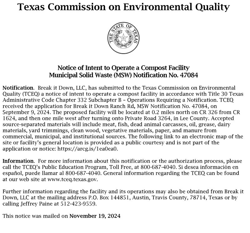 Notice of Intent to Operate a Compost Facility